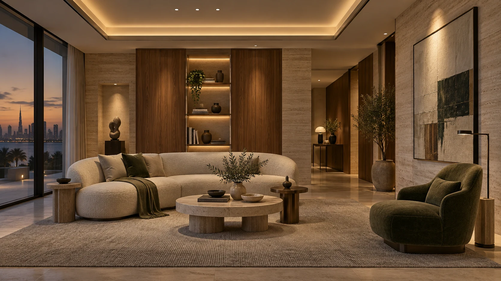 Contemporary Gulf living space with balanced ambient, task and accent lighting